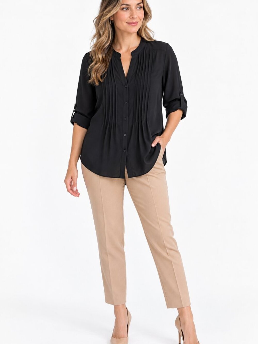 BCBGMAXAZRIA Womens S Black Pleated Button Front Blouse Roll Tab Sleeves